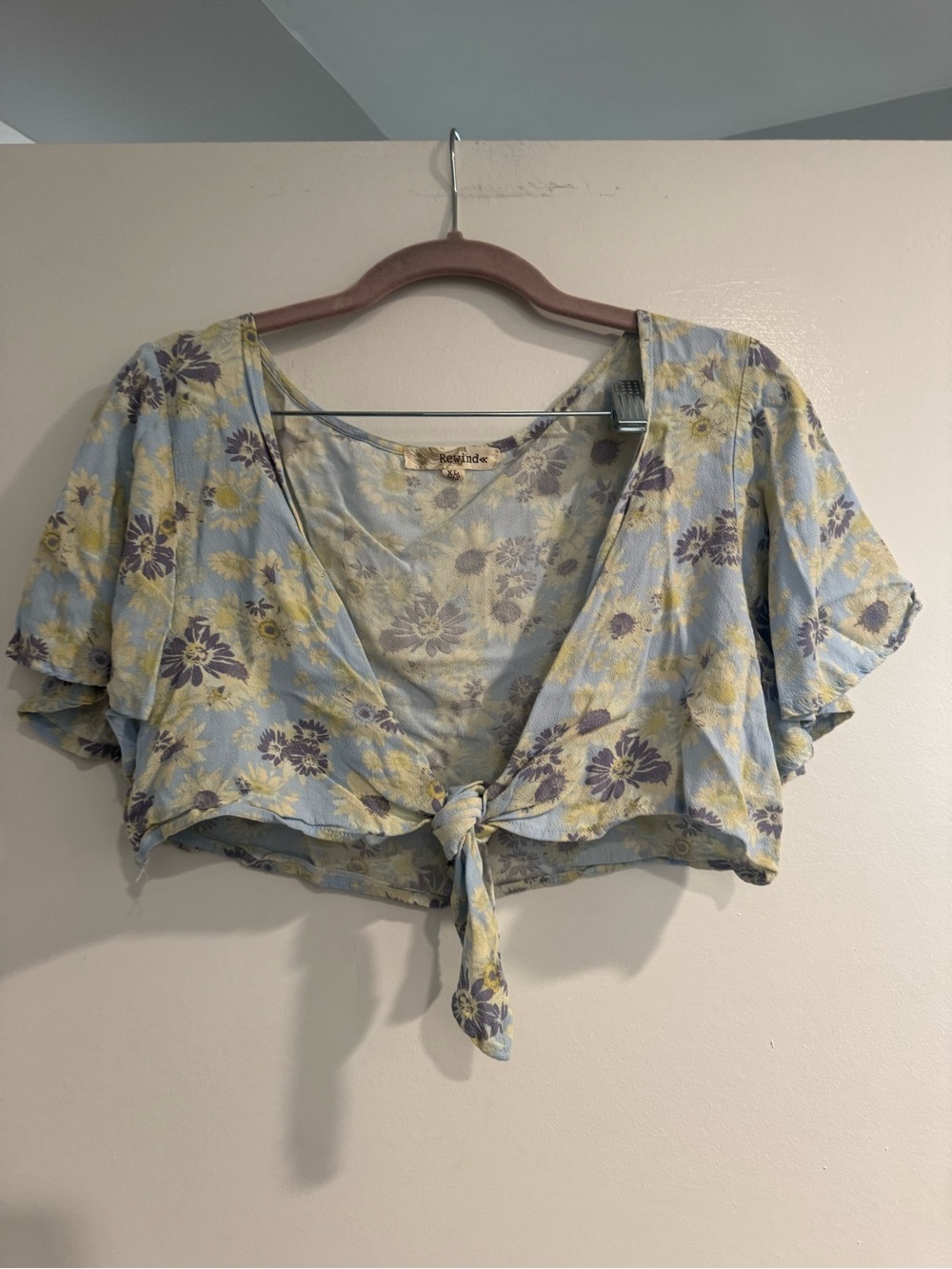 Rewind Blue & Yellow Floral Tie-Front Crop Top Women's XL Boho Cottagecore